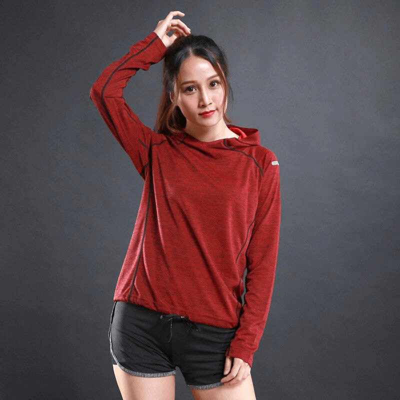 Woman wearing red sports thin long sleeves hoodie with reflective printing for gym fitness and running, model SF0097.